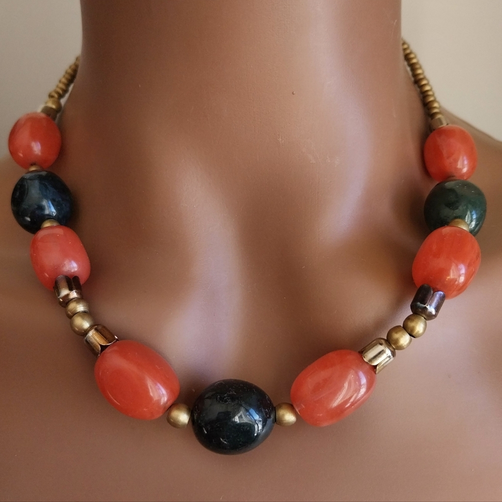 Orange and Gold Gem Stone Beaded Necklace